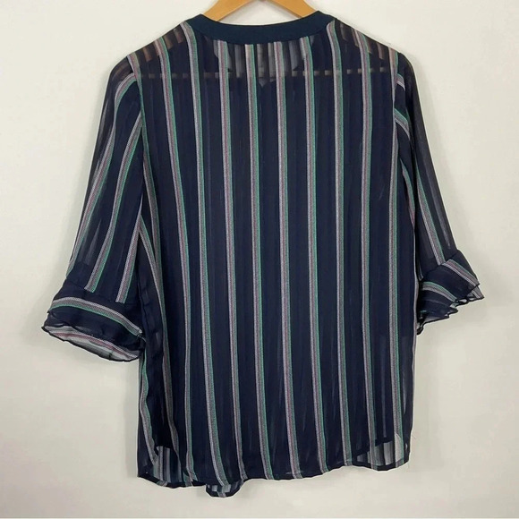 ModCloth Button Down Sheer Striped Ruffle Sleeve Shirt Size Large - Picture 2 of 6